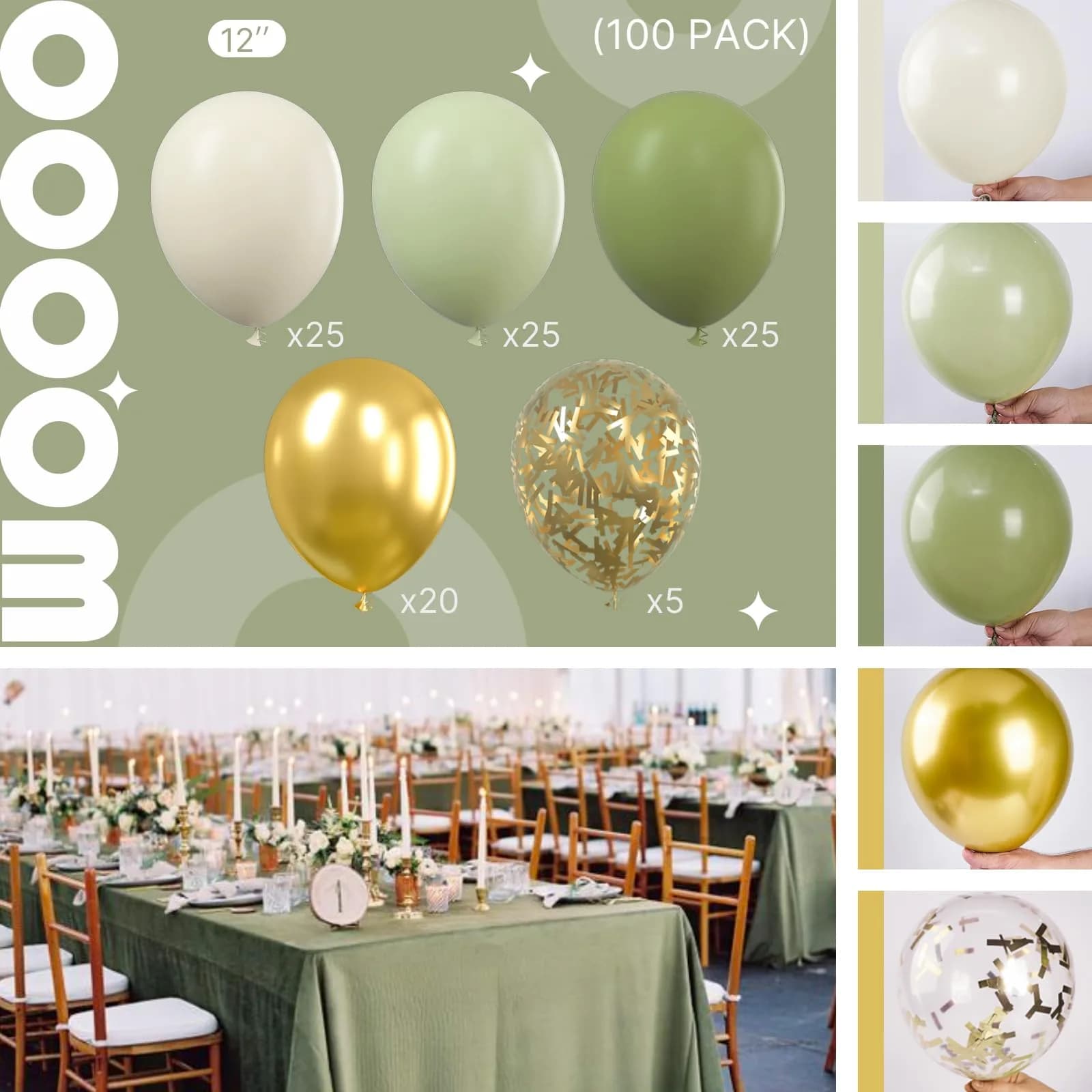 PartyWoo Sage Green Balloons 100pcs Pack Gold and Sand White Balloons | Assorted Colors Value Pack - view 2