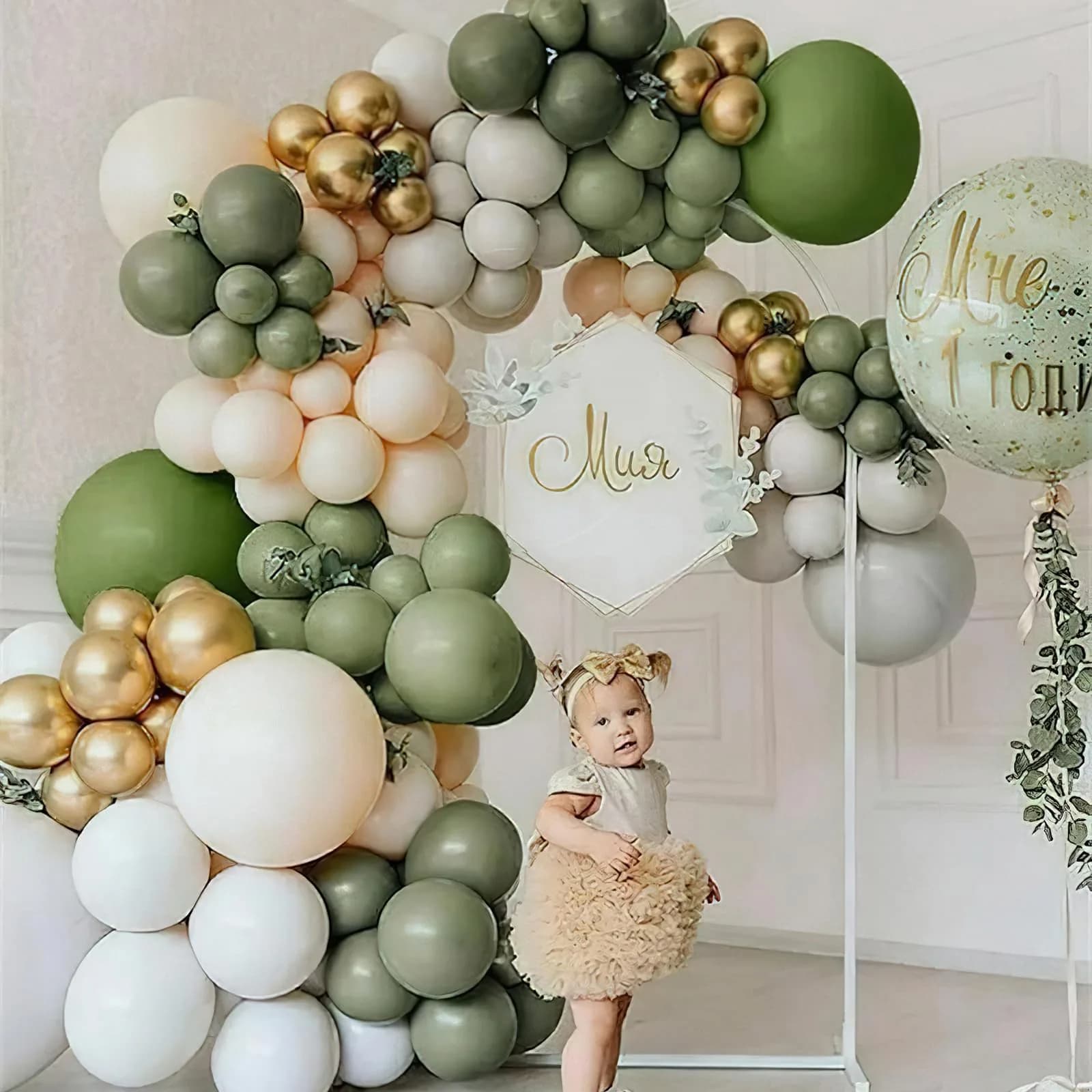 PartyWoo Sage Green Balloons 100pcs Pack Gold and Sand White Balloons | Assorted Colors Value Pack - view 3