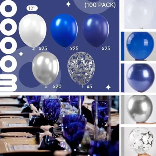 PartyWoo Blue and Silver Balloons 100pcs Royal Blue Silver Balloons | Assorted Colors Value Pack thumbnail 2