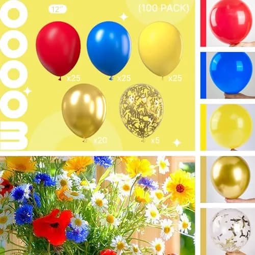 PartyWoo Red Yellow Blue Balloons 100pcs 12 Inch Assorted Colors | Birthday Party Decorations thumbnail 2