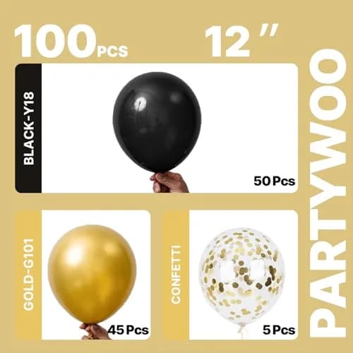 PartyWoo Gold and Black Balloons 100pcs Black Metallic Gold Balloons | Assorted Colors Value Pack thumbnail 2
