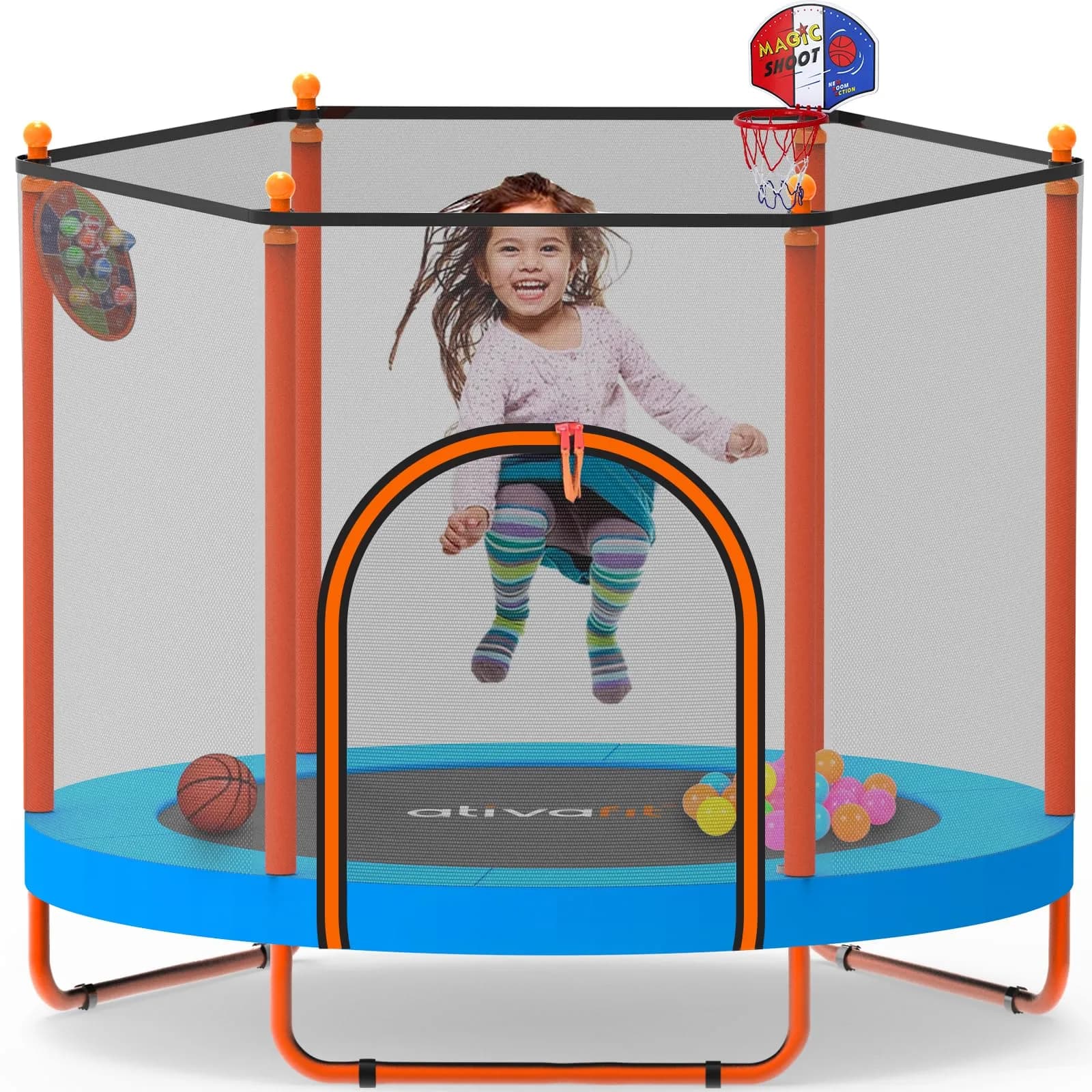 ATIVAFIT 60″ Indoor-Outdoor Kids Trampoline Mini Rebounder with Safety Net & Hoop, Ideal for Toddlers and Children 1-8 | Safe & Bouncy Fun