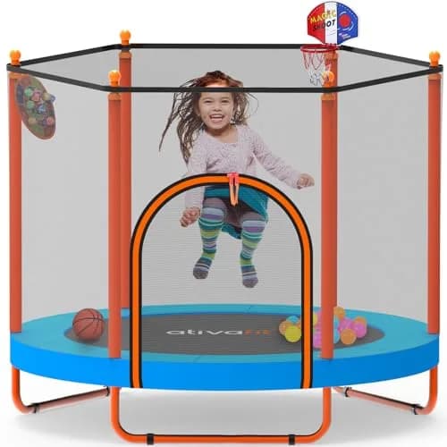 ATIVAFIT 60″ Indoor-Outdoor Kids Trampoline Mini Rebounder with Safety Net & Hoop, Ideal for Toddlers and Children 1-8 | Safe & Bouncy Fun thumbnail 1