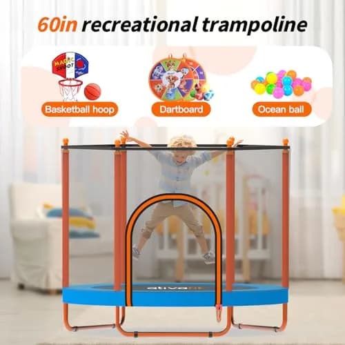 ATIVAFIT 60″ Indoor-Outdoor Kids Trampoline Mini Rebounder with Safety Net & Hoop, Ideal for Toddlers and Children 1-8 | Safe & Bouncy Fun thumbnail 4