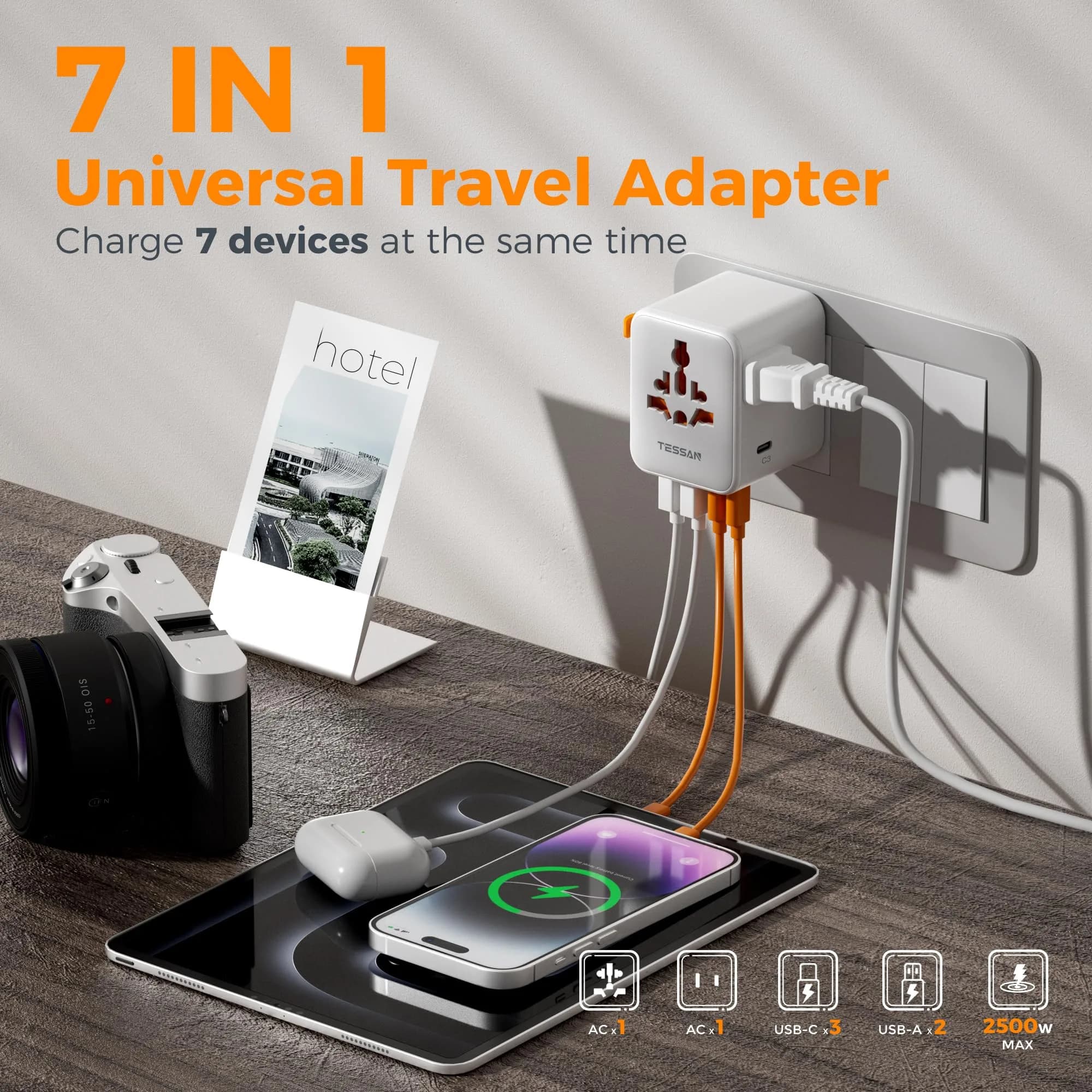 TESSAN Universal Travel Adapter, International Power Adapter with 2 AC & 5 USB Ports | 100-250V Wide Voltage - view 3