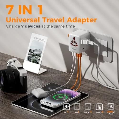 TESSAN Universal Travel Adapter, International Power Adapter with 2 AC & 5 USB Ports | 100-250V Wide Voltage thumbnail 3