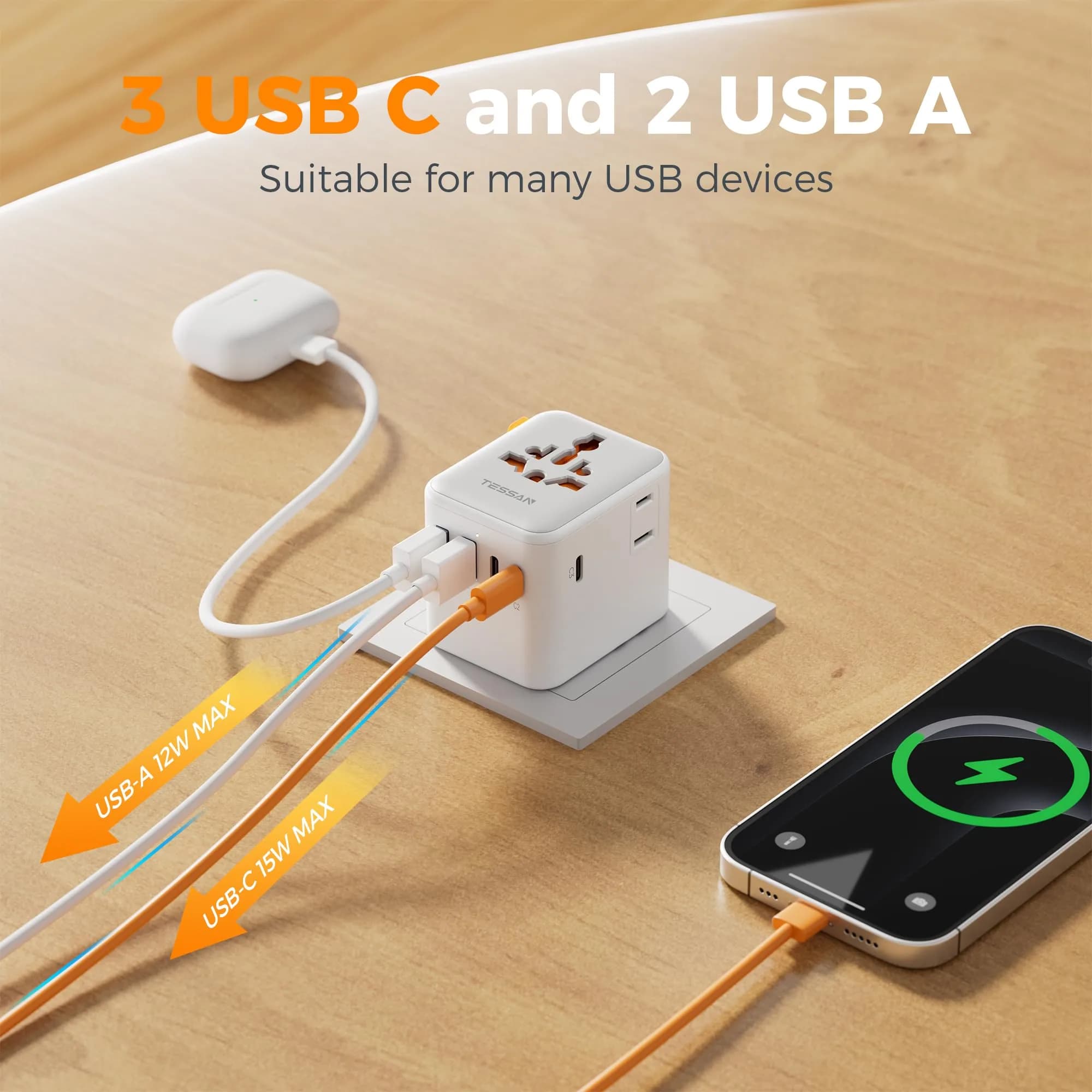 TESSAN Universal Travel Adapter, International Power Adapter with 2 AC & 5 USB Ports | 100-250V Wide Voltage - view 4