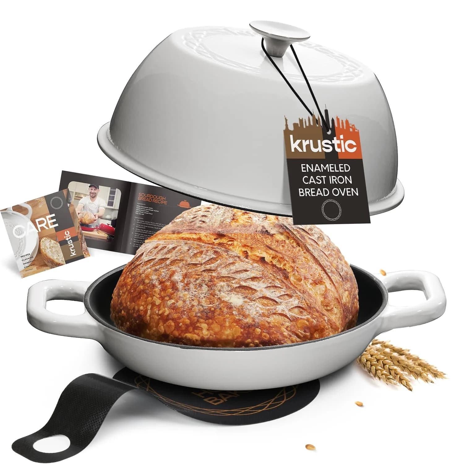 Krustic 6 Qt Enameled Cast Iron Dutch Oven for Sourdough Bread | 10 Inch Round Pot with Lid — White
