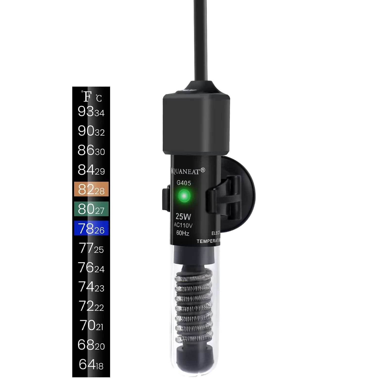 AQUANEAT 25W Betta Fish Tank Heater | Preset 78°F Mini Submersible Aquarium Heater with Thermometer - main product image