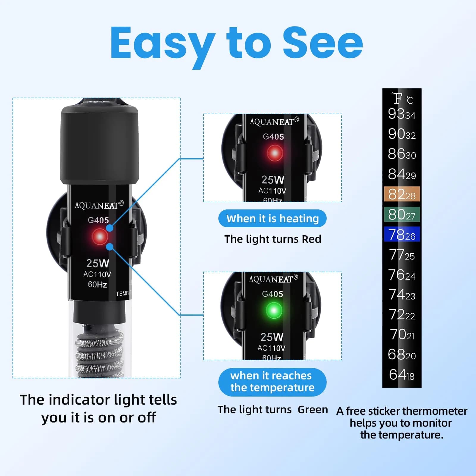 AQUANEAT 25W Betta Fish Tank Heater | Preset 78°F Mini Submersible Aquarium Heater with Thermometer - view 5