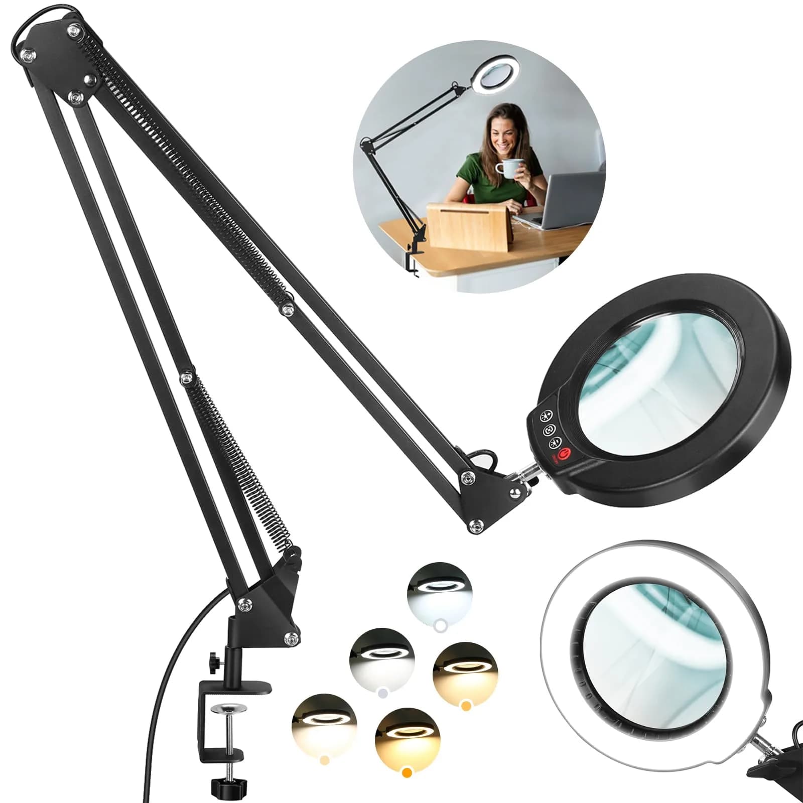 Krstlv 12X Magnifying Glass with Light and Clamp, 4.3-inch Real Glass Lens, 2x16 Inch Swing Arm, Black — Black