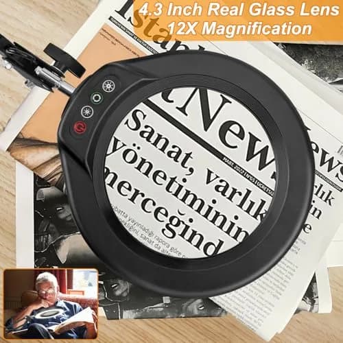 Krstlv 12X Magnifying Glass with Light and Clamp, 4.3-inch Real Glass Lens, 2x16 Inch Swing Arm, Black thumbnail 4