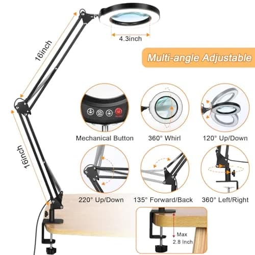 Krstlv 12X Magnifying Glass with Light and Clamp, 4.3-inch Real Glass Lens, 2x16 Inch Swing Arm, Black thumbnail 3