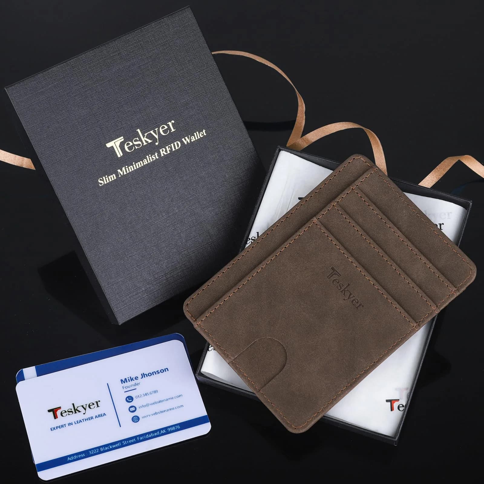 Teskyer RFID Slim Minimalist Wallet for Men, Y98 - Brown | 12cm x 8.9cm (4.7" x 3.5") - view 7