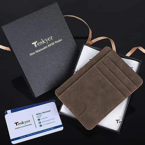 Teskyer RFID Slim Minimalist Wallet for Men, Y98 - Brown | 12cm x 8.9cm (4.7" x 3.5") thumbnail 7