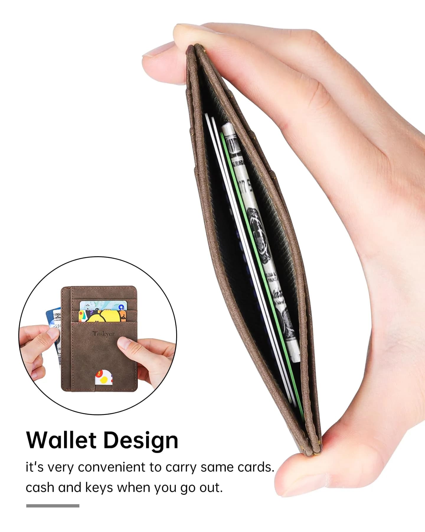 Teskyer RFID Slim Minimalist Wallet for Men, Y98 - Brown | 12cm x 8.9cm (4.7" x 3.5") - view 2