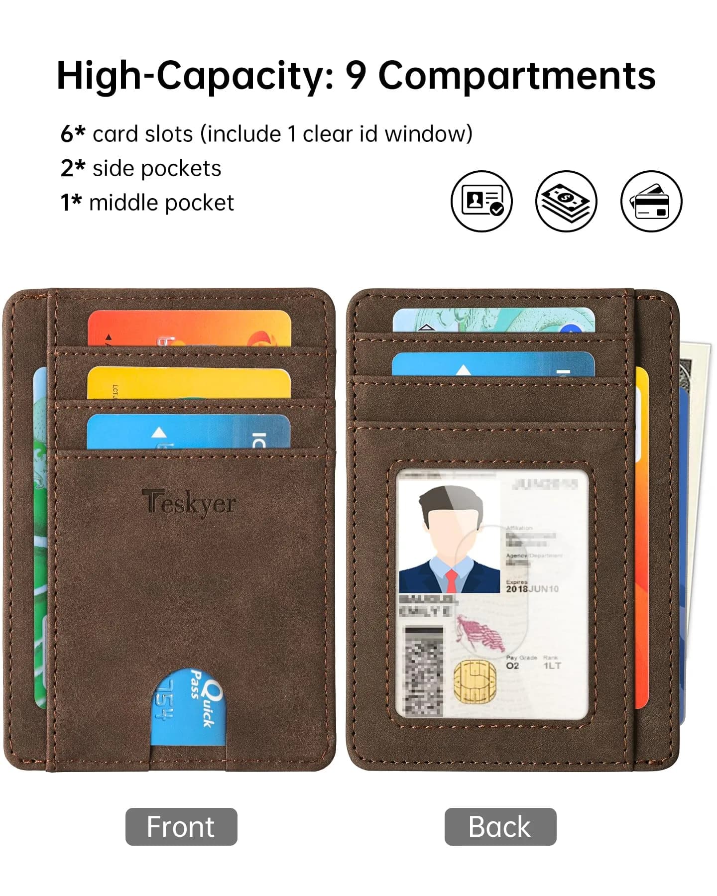 Teskyer RFID Slim Minimalist Wallet for Men, Y98 - Brown | 12cm x 8.9cm (4.7" x 3.5") - view 3
