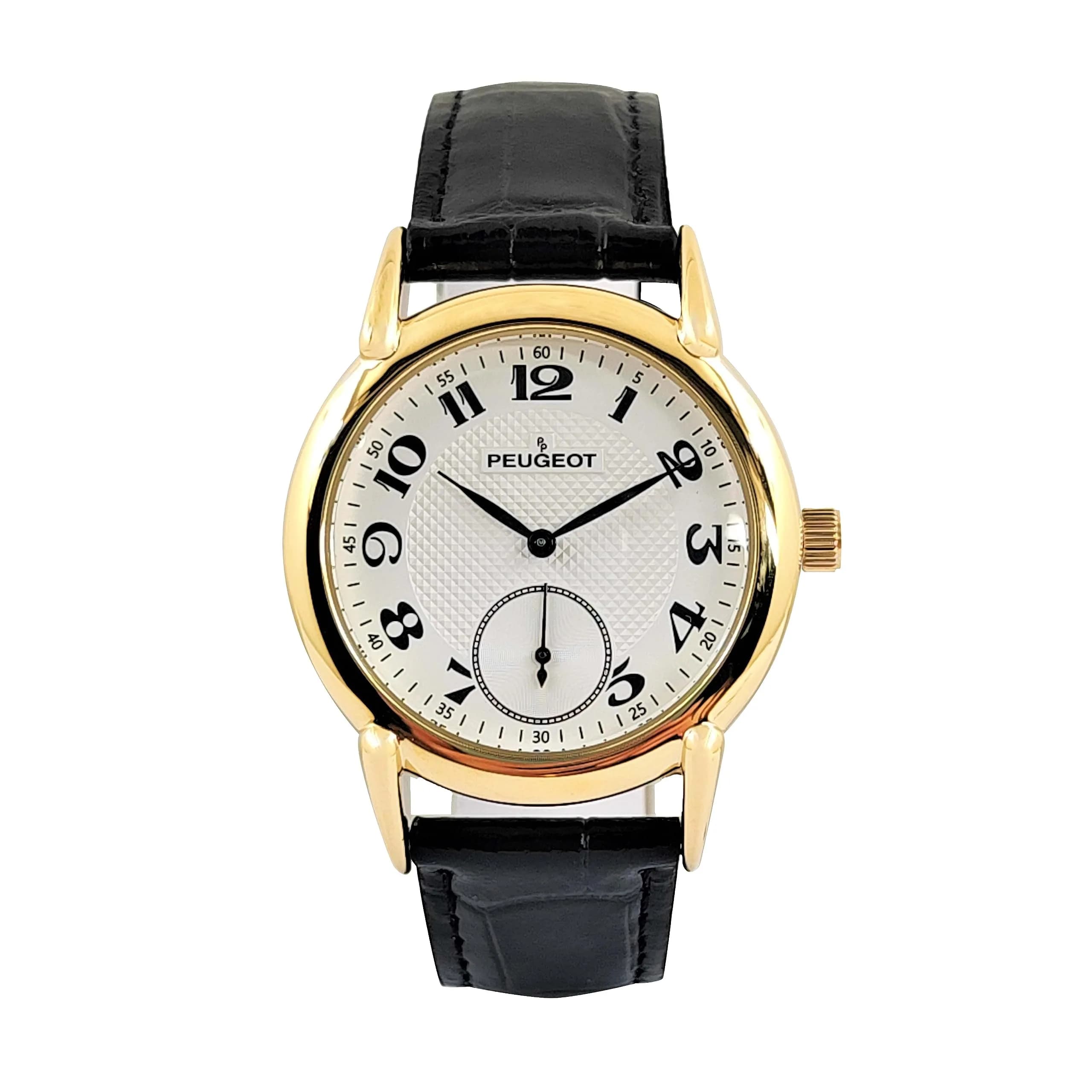Peugeot Vintage 14K Gold Plated Watch with Remote Sweep & Black Leather Strap | 38mm Case, 20mm Band — gold
