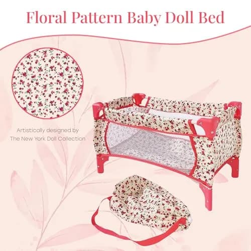 The New York Doll Collection Baby Doll Crib 18 inch Floral | Space-Saving Toy Bed for Girls & Kids thumbnail 5