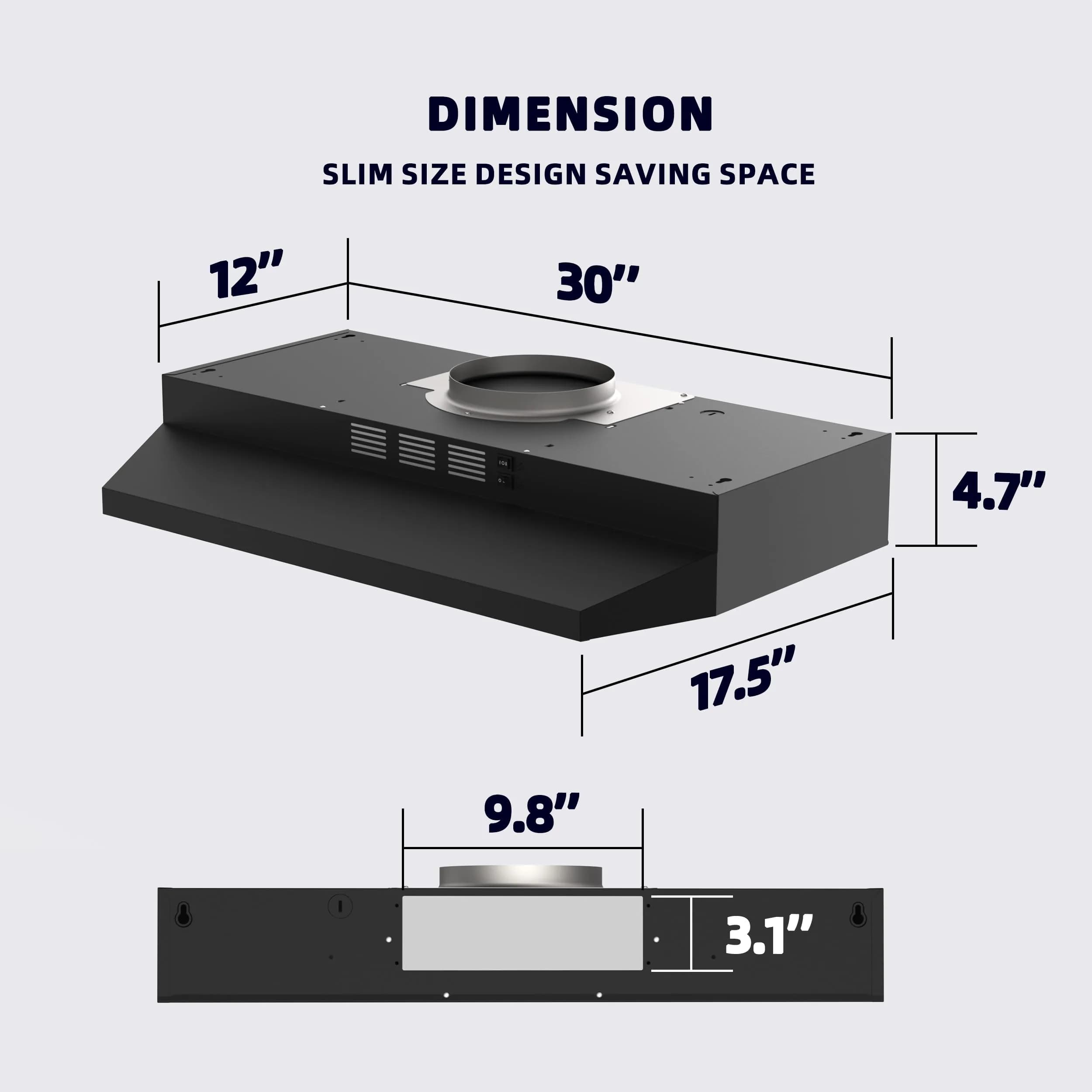 FIREGAS Black Range Hood 30 inch Under Cabinet, Ducted/Ductless Convertible Kitchen Hood, Stainless Steel Stove Vent Hood with 2 Speed Exhaust Fan, 300 CFM | 76.2 cm (30 in.) Width - view 8