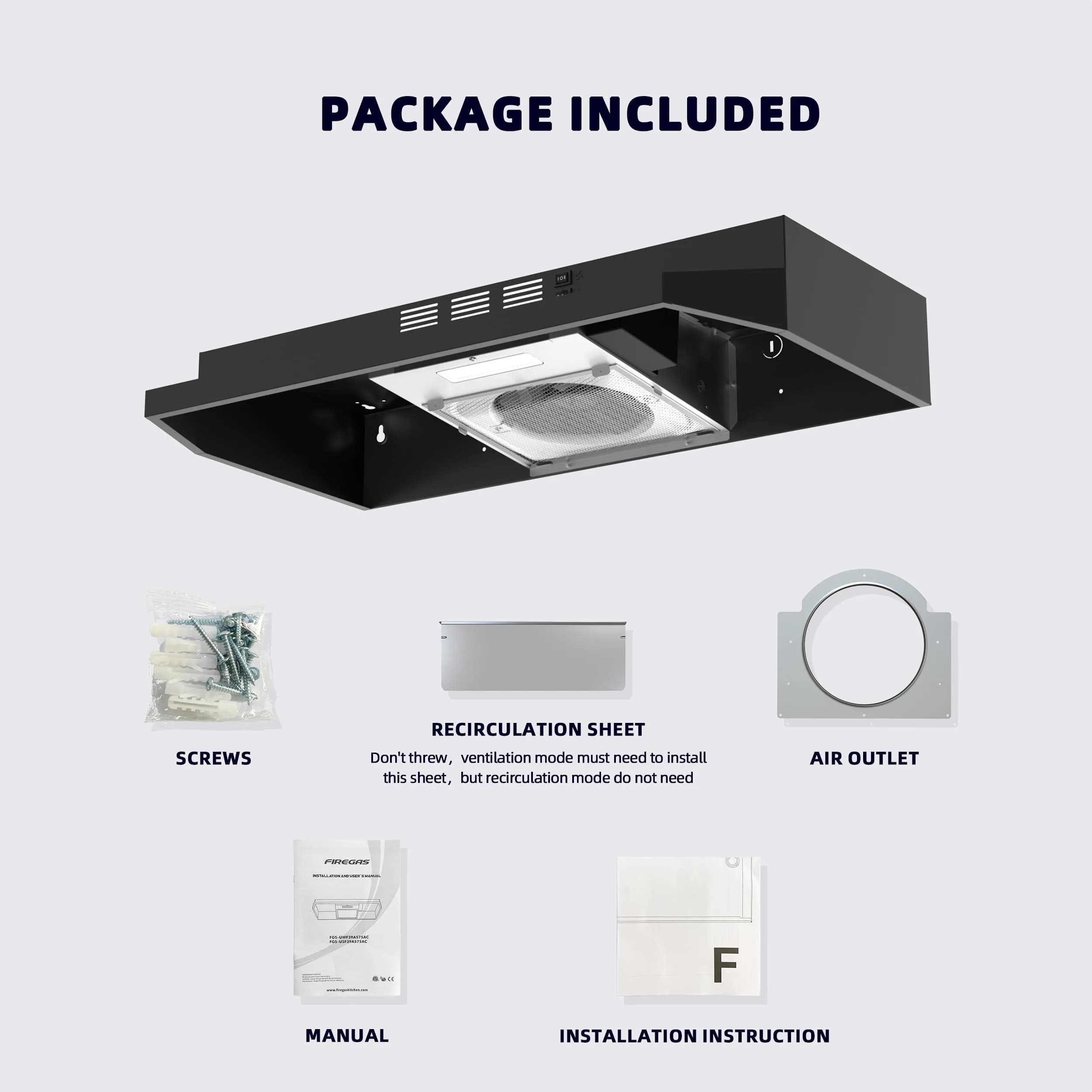 FIREGAS Black Range Hood 30 inch Under Cabinet, Ducted/Ductless Convertible Kitchen Hood, Stainless Steel Stove Vent Hood with 2 Speed Exhaust Fan, 300 CFM | 76.2 cm (30 in.) Width - view 9