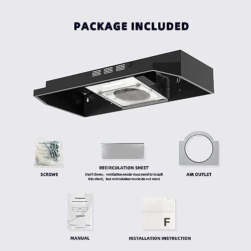 FIREGAS Black Range Hood 30 inch Under Cabinet, Ducted/Ductless Convertible Kitchen Hood, Stainless Steel Stove Vent Hood with 2 Speed Exhaust Fan, 300 CFM | 76.2 cm (30 in.) Width thumbnail 9