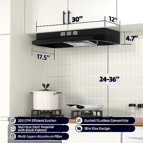 FIREGAS Black Range Hood 30 inch Under Cabinet, Ducted/Ductless Convertible Kitchen Hood, Stainless Steel Stove Vent Hood with 2 Speed Exhaust Fan, 300 CFM | 76.2 cm (30 in.) Width thumbnail 2