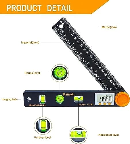 Rainyb Digital Angle Finder Tool 7-Inch (177.8mm) LCD Protractor with Bubble Levels & Ruler — 2-Pack thumbnail 2