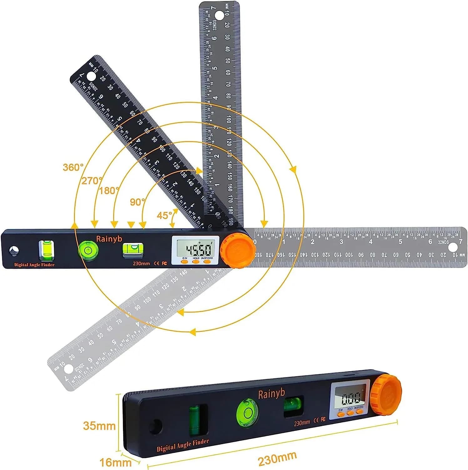 Rainyb Digital Angle Finder Tool 7-Inch (177.8mm) LCD Protractor with Bubble Levels & Ruler — 2-Pack - view 4