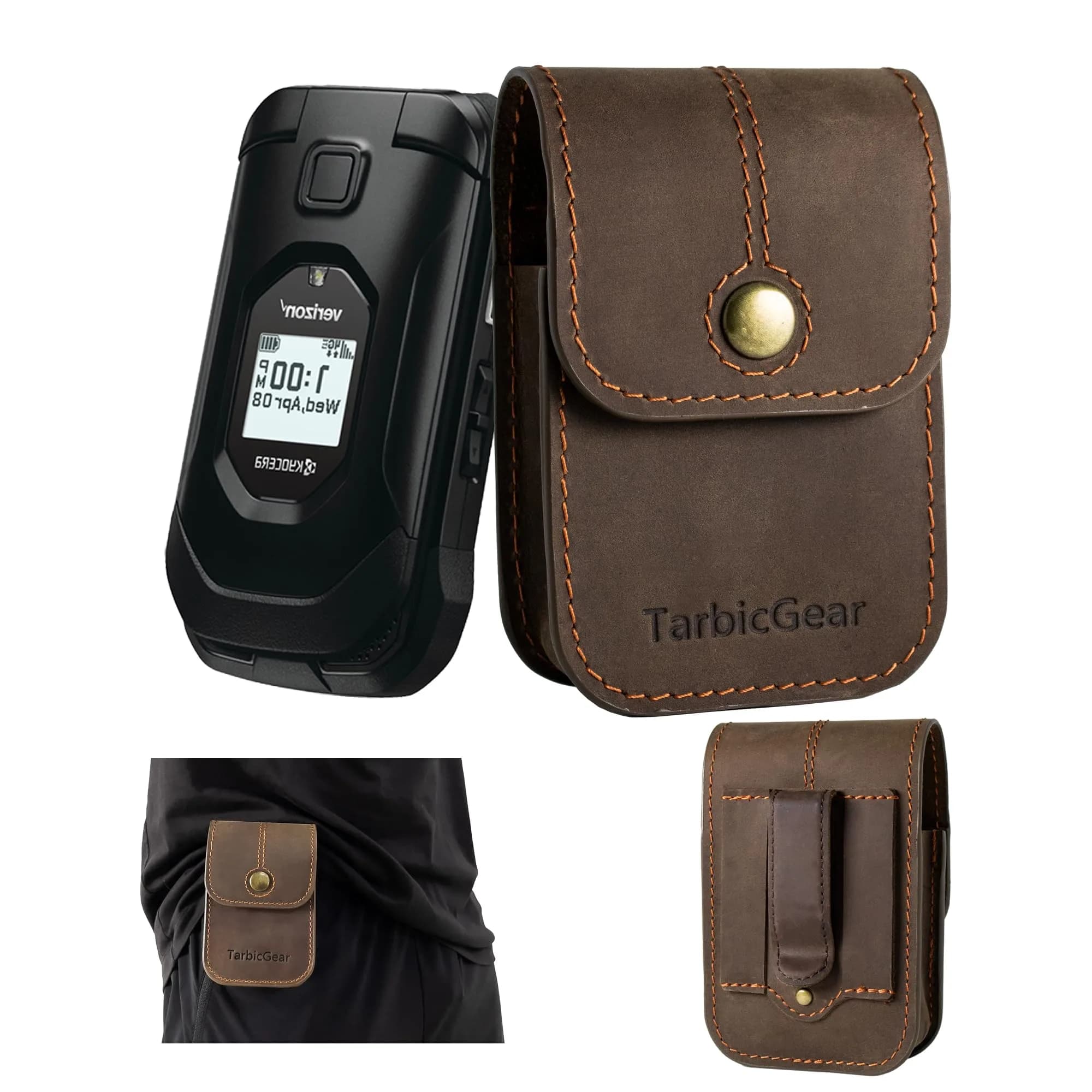 TarbicGear Leather Flip Phone Case for TCL Flip 3 | Belt Clip & Card Slot, Brown