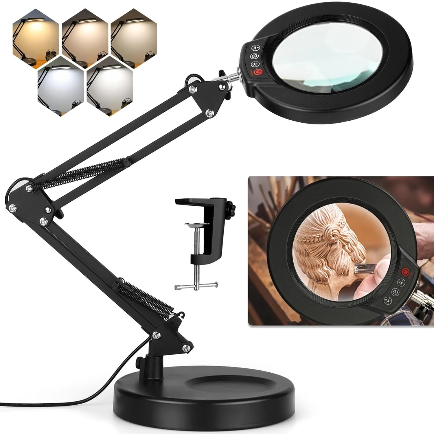 Krstlv 12X Magnifying Glass with Light, 4.3" Glass Lens, 275° Swing Arm, Black | 5 Color Modes Stepless Dimmable LED Desk Lamp & Clamp — Black