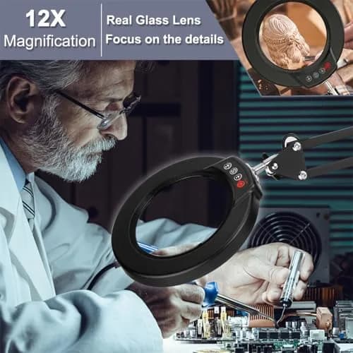 Krstlv 12X Magnifying Glass with Light, 4.3" Glass Lens, 275° Swing Arm, Black | 5 Color Modes Stepless Dimmable LED Desk Lamp & Clamp thumbnail 2
