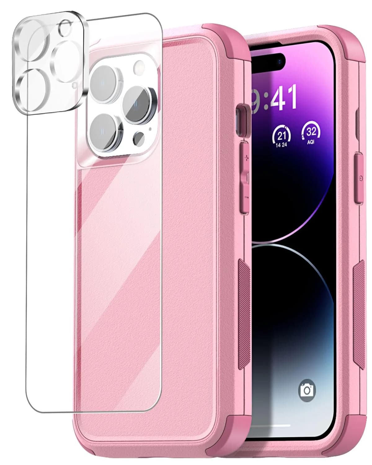 AICase Rugged Case Compatible with iPhone 15 Pro Max + Glass Protector + Camera Lens | Heavy Duty 3-Layer Military Grade Shockproof Drop-Proof Cover — Pink+Glass Protector+Camera Lens