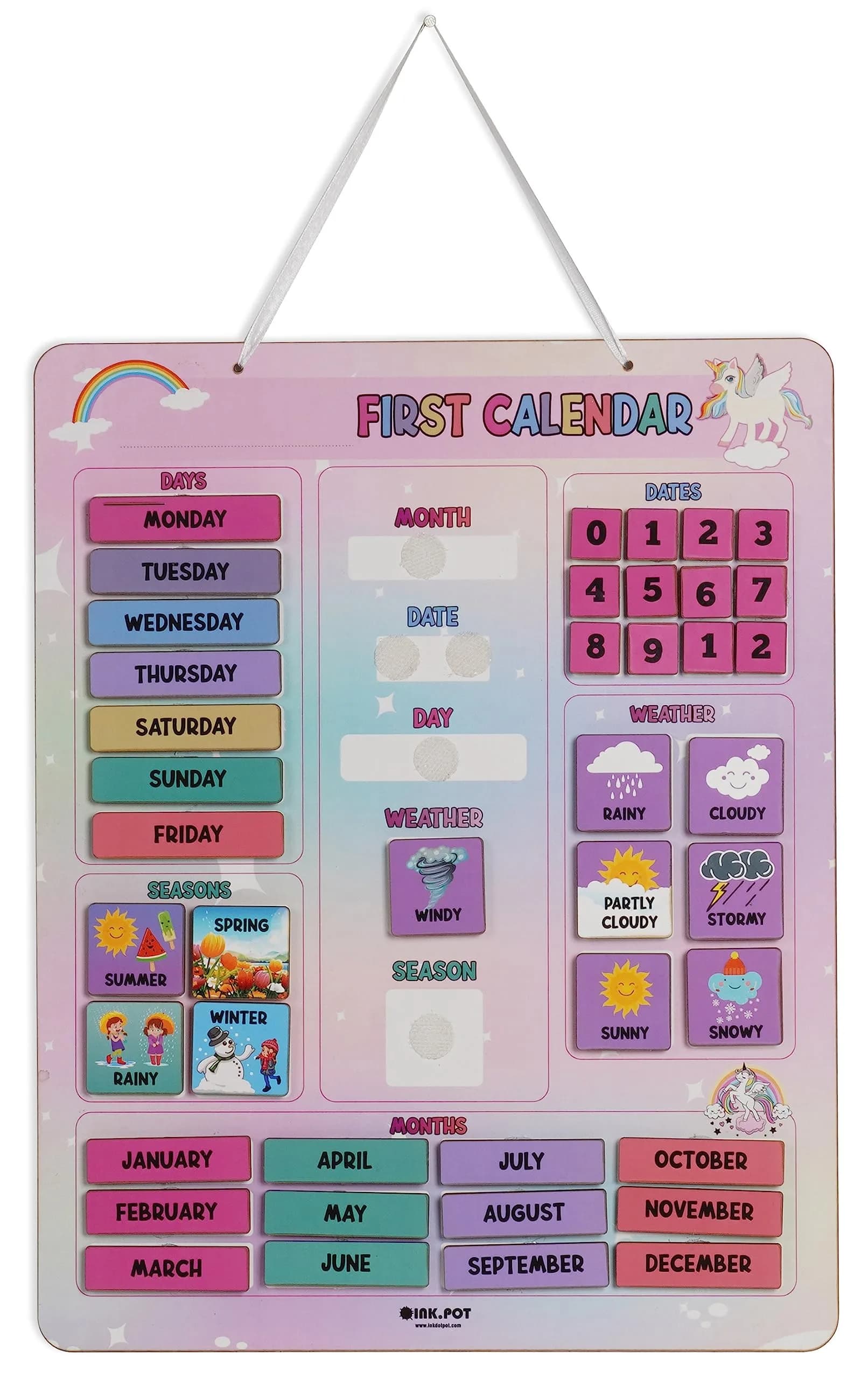 Inkdotpot My First Calendar Board for Preschool | Classroom Learning Wall Calendar 14.5 x 11.5 inches — Blue & Light Pink / 14.5X11.5 Inches