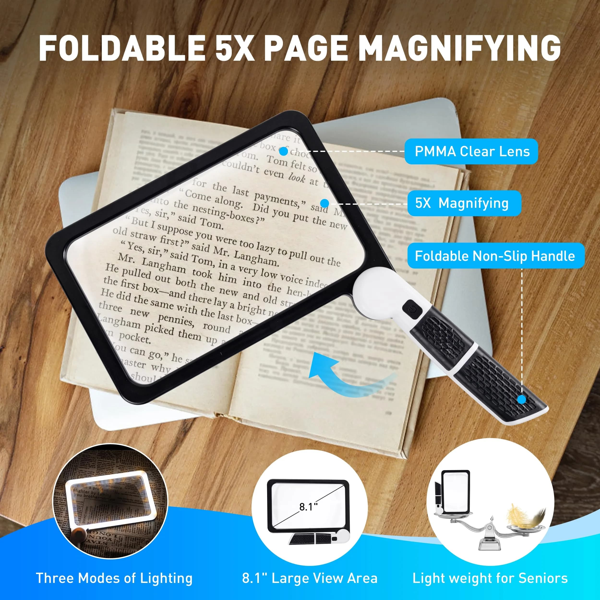 CybaaLuxzus Full Page Magnifier with Light 5X Magnification 17.5cm (6.89in) | Aids for Macular Degeneration - view 2