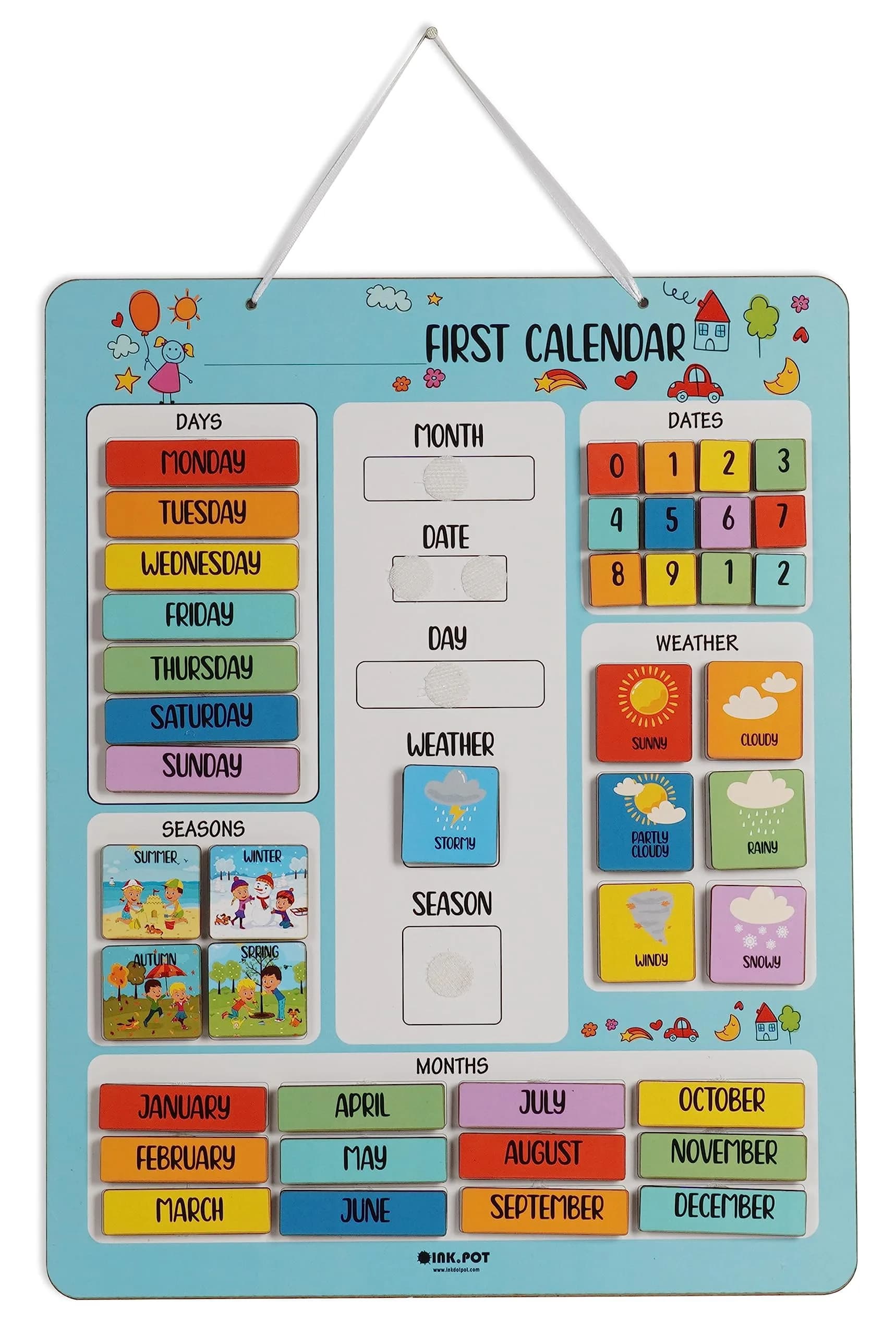 Inkdotpot My First Calendar Board for Preschool | Classroom Learning Wall Calendar 14.5 x 11.5 inches - main product image