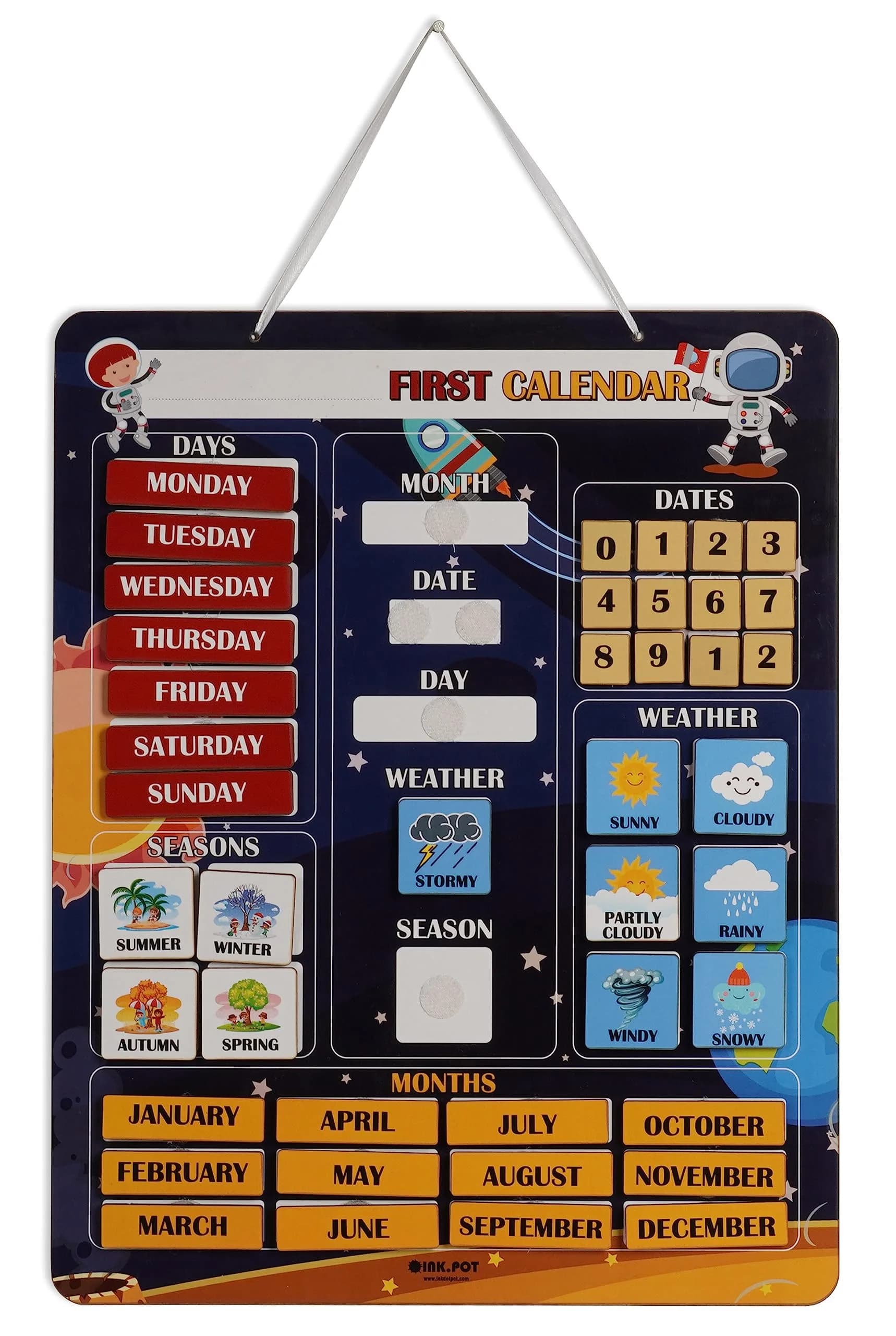 Inkdotpot My First Calendar Board for Kids, Preschool Wall Hanging 36.8cm x 29.2cm (14.5 x 11.5 inches) | Fun Learning Daily Calendar - main product image