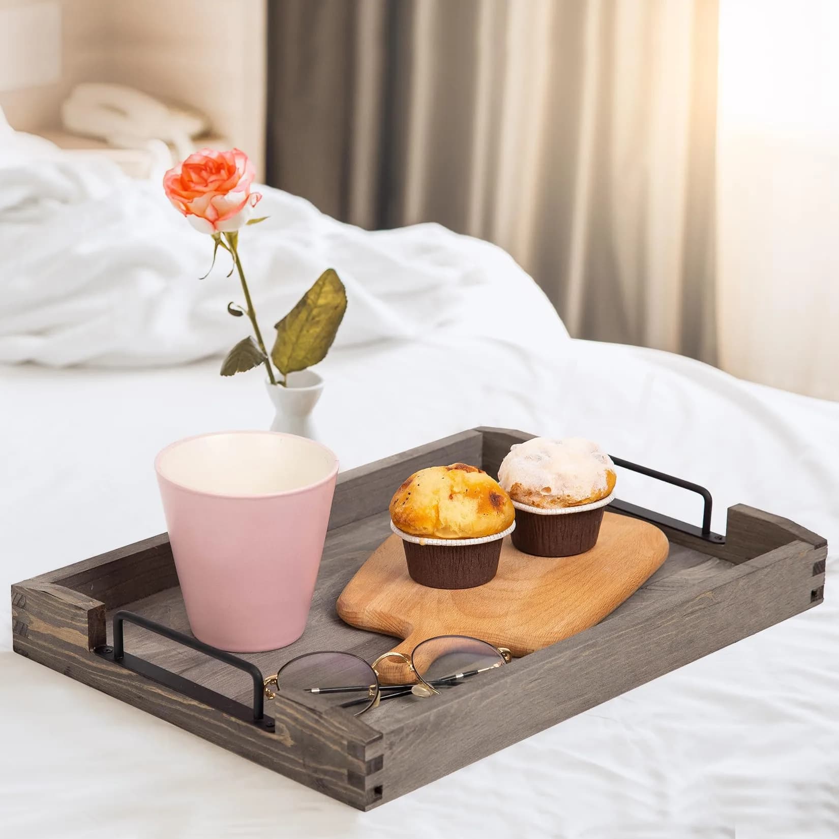 VERGOODR Torched Wood Nesting Serving Trays with Handles, Set of 3, Dark Grey | Rustic Style for Breakfast & Coffee Tables - view 5