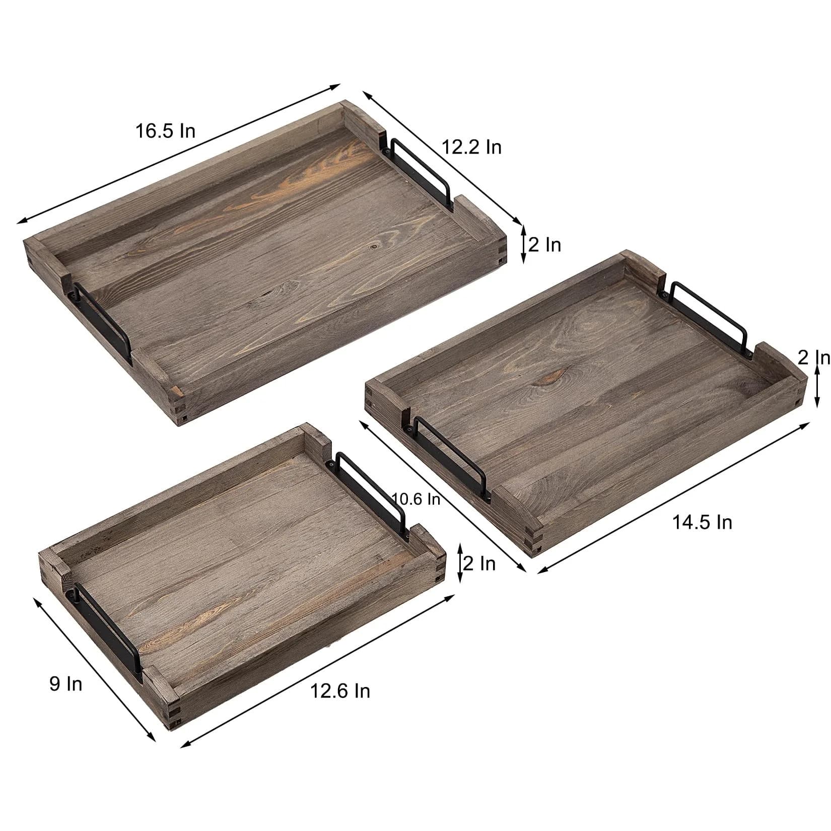 VERGOODR Torched Wood Nesting Serving Trays with Handles, Set of 3, Dark Grey | Rustic Style for Breakfast & Coffee Tables - view 6