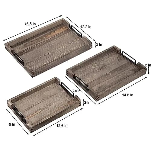 VERGOODR Torched Wood Nesting Serving Trays with Handles, Set of 3, Dark Grey | Rustic Style for Breakfast & Coffee Tables thumbnail 6