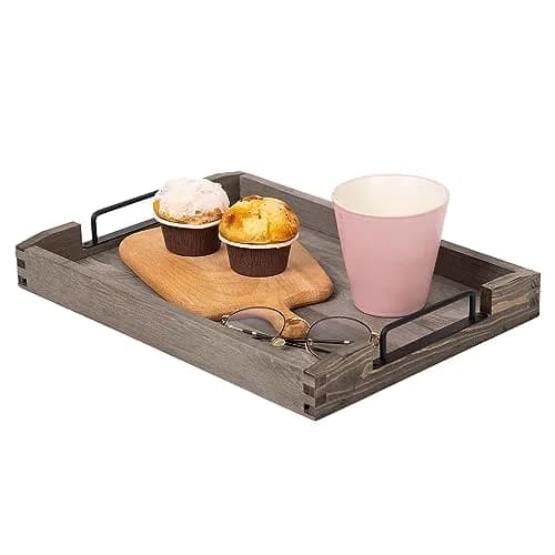 VERGOODR Torched Wood Nesting Serving Trays with Handles, Set of 3, Dark Grey | Rustic Style for Breakfast & Coffee Tables thumbnail 1