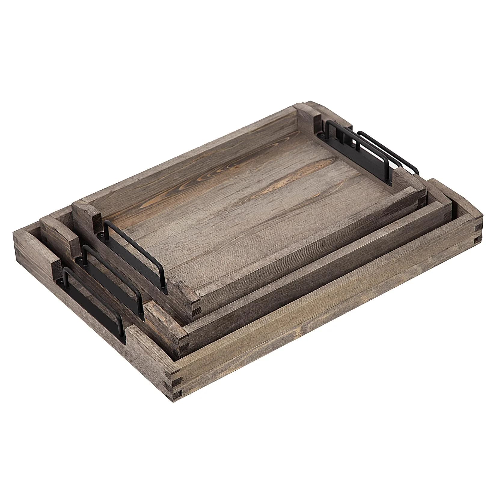 VERGOODR Torched Wood Nesting Serving Trays with Handles, Set of 3, Dark Grey | Rustic Style for Breakfast & Coffee Tables - view 2