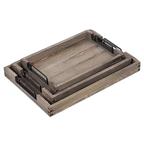 VERGOODR Torched Wood Nesting Serving Trays with Handles, Set of 3, Dark Grey | Rustic Style for Breakfast & Coffee Tables thumbnail 2