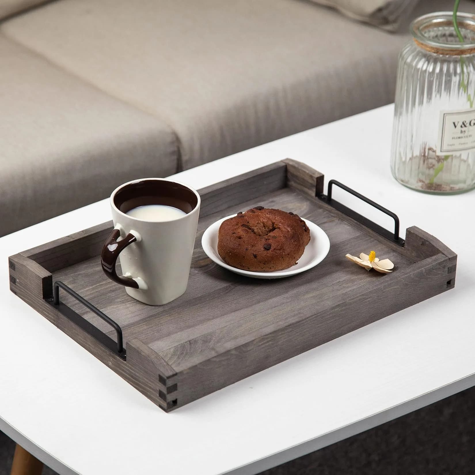 VERGOODR Torched Wood Nesting Serving Trays with Handles, Set of 3, Dark Grey | Rustic Style for Breakfast & Coffee Tables - view 3