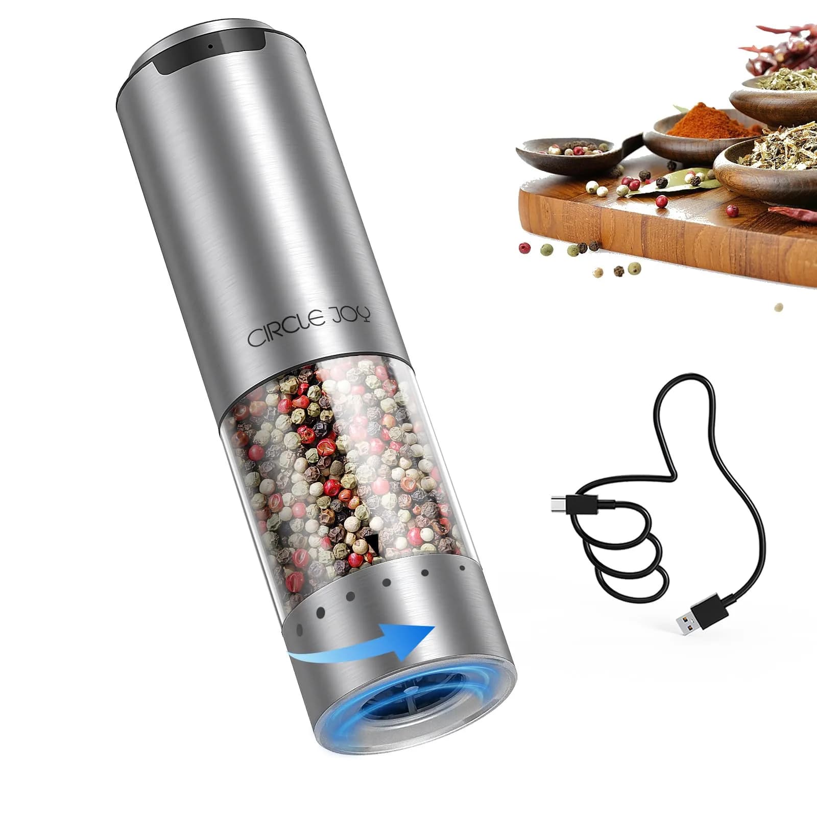 CIRCLE JOY Electric Pepper Grinder Stainless Steel 95ml | Rechargeable, Adjustable Coarseness, White LED Light