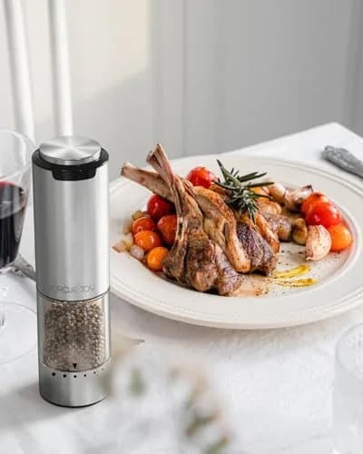 CIRCLE JOY Rechargeable Electric Salt and Pepper Grinder Set with Base, Stainless Steel Mills, 95ml Container, White LED, Adjustable Coarseness | Imported from USA thumbnail 5