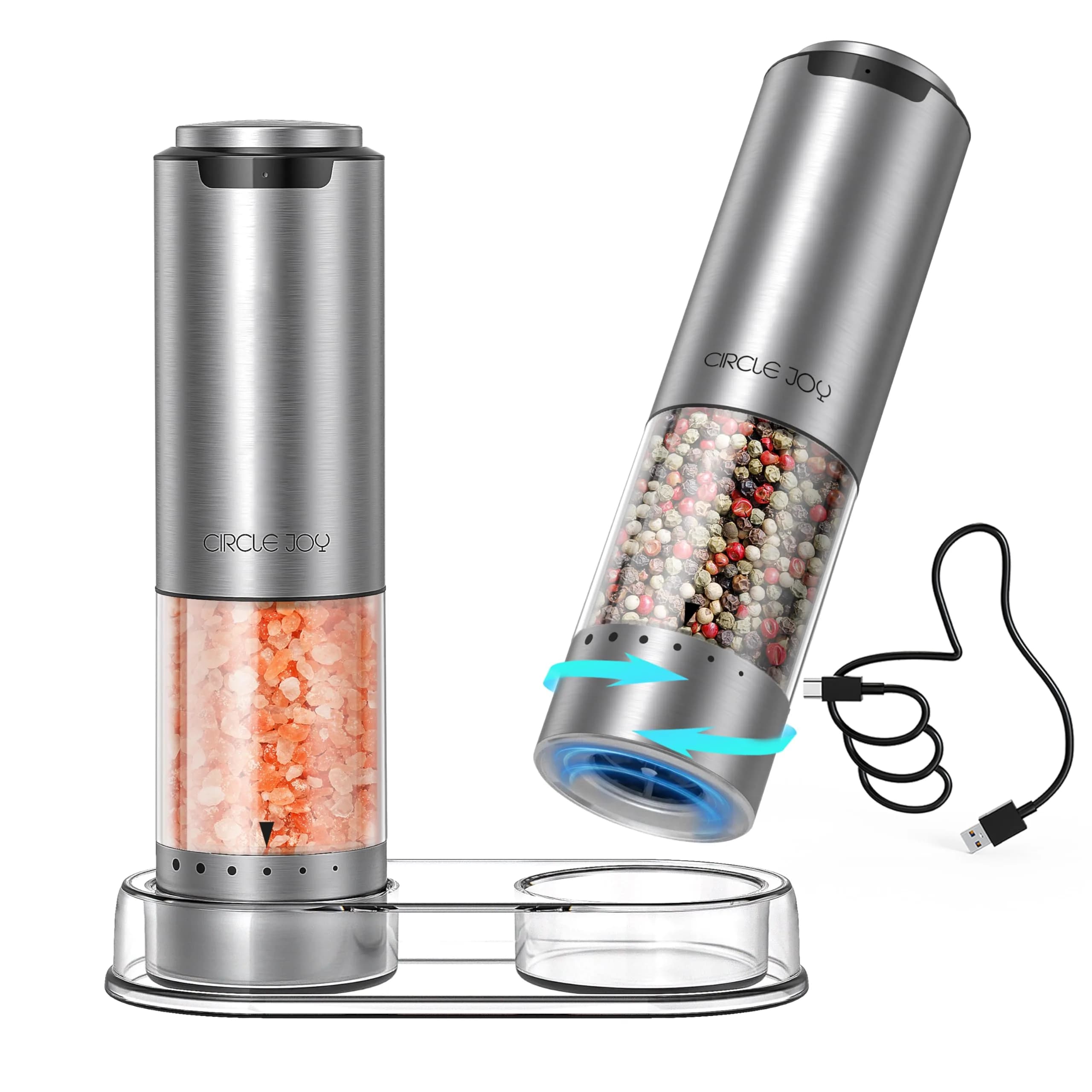 CIRCLE JOY Rechargeable Electric Salt and Pepper Grinder Set with Base, Stainless Steel Mills, 95ml Container, White LED, Adjustable Coarseness | Imported from USA