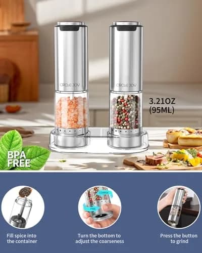 CIRCLE JOY Rechargeable Electric Salt and Pepper Grinder Set with Base, Stainless Steel Mills, 95ml Container, White LED, Adjustable Coarseness | Imported from USA thumbnail 3