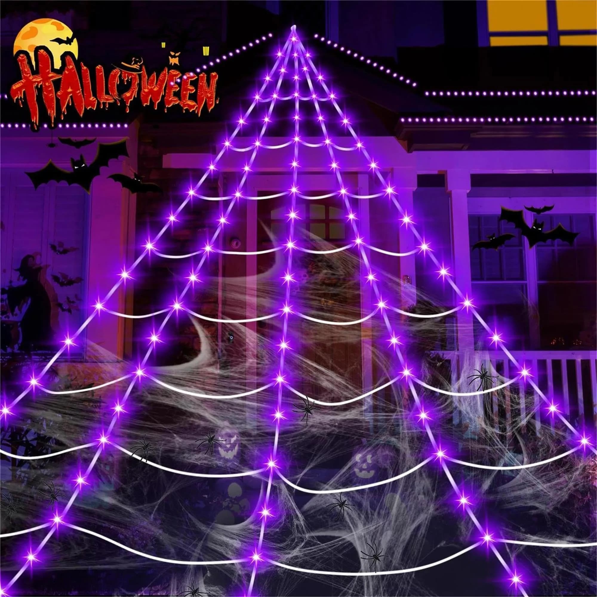 N/A Lighted Outdoor Halloween Spider Web 23x18 Ft with 250 Purple LEDs | Waterproof, 8 Modes, Timer — Purple