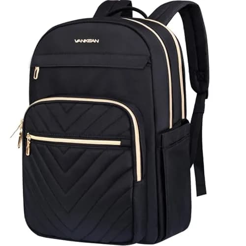 VANKEAN 17.3 Inch Laptop Backpack for Women Large Capacity Quilted Black | Water-Resistant Travel & Work Bag thumbnail 1